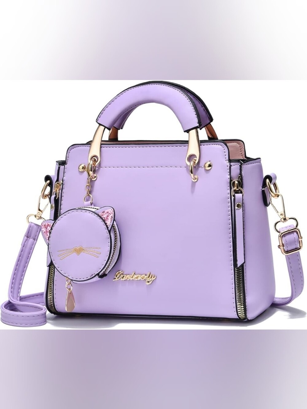 Purple Satchel Crossbody Bag with Cat Coin Purse Charm